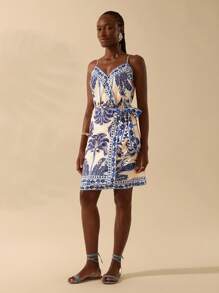 CAJUNI Women's Boho Tropical Blue Coconut Tree, Bird Print, Vacation Casual Summer Beach Suspender Wrap Dress - Multicolor - View 6