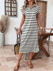 SHEIN LUNE 杏色 & 黑色条纹宽松休闲高领女式长裙 - 杏色 - 查看 6