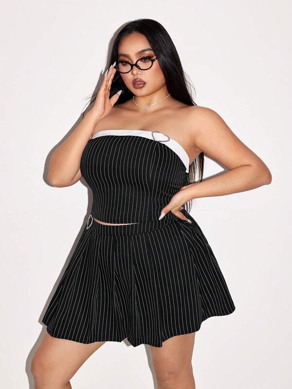 SHEIN ICON Plus Size Striped Office Outfit, Striped Camisole Top And Striped Pleated Skirt 2Pcs Set