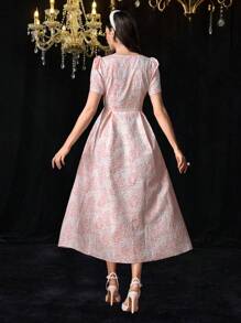 Modelyn Đầm nữ cổ chữ V tay ngắn họa tiết thanh lịch - trái cam - Xem 2