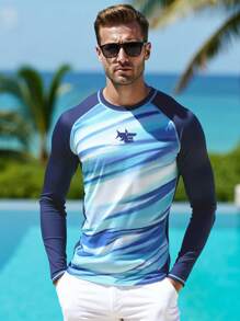 Manfinity Swimmode Men's Long Sleeve Swim Shirt: Blue Wave Print Rashguard For Beach And Surfing Men Swim Trunks - Blue - View 4