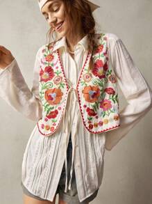 Bohemela Plus Size Front Tie Sleeveless Flower Embroidered Casual Jacket,Vintage Winter Fall Autumn - Beige - View 3