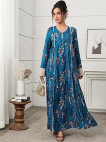 Yasmyna Women's Floral Print V-Neck Long Sleeve Abaya Dress - Multicolor - View 2