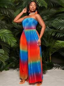 SHEIN SXY Plus Size Women's Sexy Pleated Strapless Jumpsuit, Loose Fit, Colorful, Suitable For Beach, Vacation, Party, Date Night, Birthday, Bachelorette, Cute, Casual, Shopping, Streetwear, Going Out, Slimming Effect, Accentuate The Figure - Multicolor - View 5