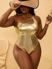 SHEIN Slayr CURVE Plus Size Women's Gold Foil Fabric Backless Asymmetrical Neck One Piece Swimsuit With Adjustable Strap, Summer Beach Vacation - Gold - View 5