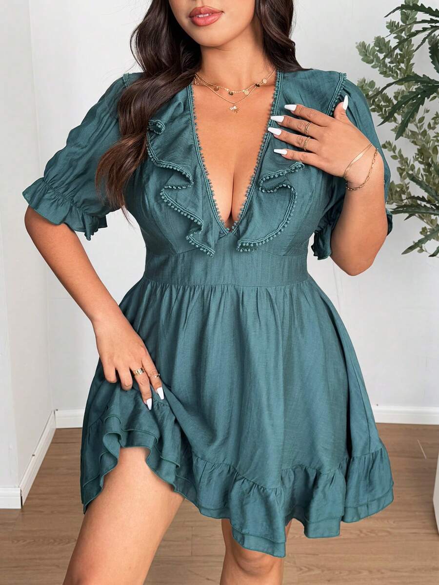 SHEIN Clasi 大码纯色休闲连衣裙，简约时尚，适合日常穿着 - 綠色 - 查看 1