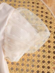 Baby Girls' 2pcs Set: Ribbed Mesh Puff Sleeve Top + Layered Ruffle Hem Skirt, Summer - Apricot - View 4