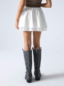 LYSMO Women's Solid Color Double Ruffle Hem Mini Skirt