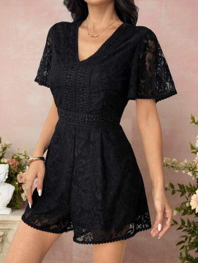 Rafferiza Quần yếm ren mỏng gợi cảm cổ chữ V cao cấp cho nữ, viền ren, cạp chun, ren vá, phong cách Pháp thanh lịch