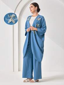 Veilorie 2pcs Women Set: Floral Decor Long Sleeve Jacket And Pants