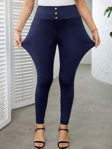 SHEIN Clasi 2pcs/Set Plus Size Elegant Solid Color Button Decor Leggings