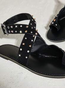 SHUZIA Nuevas sandalias de tacón plano negro para mujer con doble tira con detalles de tachuelas, diseño de plataforma para verano y primavera