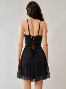 Uhlyne Uhlyne Vestido mini de punto de tirantes de espagueti metálico casual, primavera/verano - Negro - Ver 2