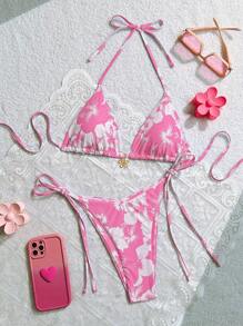 Swim Mod 2025 年春假女士夏季海滩花卉印花吊带性感比基尼套装，可爱泳衣 - 粉色 - 查看 1