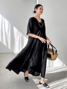 FRIFUL Women's Black Loose A-Line Dress, V-Neck Dolman Sleeve, For Summer,Ruffle