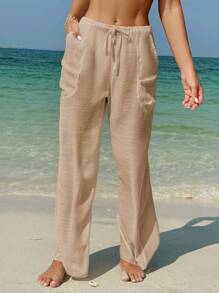 Swim Vcay Quần Palazzo thiết kế túi bên hông thắt lưng màu trơn cho nữ đi nghỉ - Màu Khaki - Xem 5