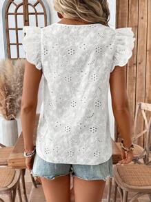 SHEIN LUNE Blusas bonitas para mujer, blusa blanca de verano con bordado de ojetes y mangas cortas con volantes, blusas de verano