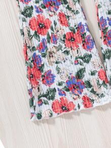 SHEIN Tween Girls Casual Ditsy Floral Digital Print & Solid Ribbed Wide Leg Pants, Multi-Pack - Multicolor - View 4