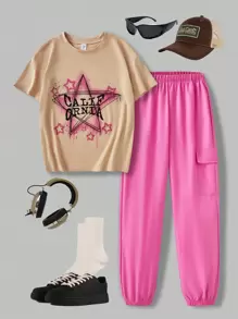 SHEIN Explorewe 2 件套青少年男孩时尚星星卡通印花圆领 T 恤和休闲工装慢跑裤