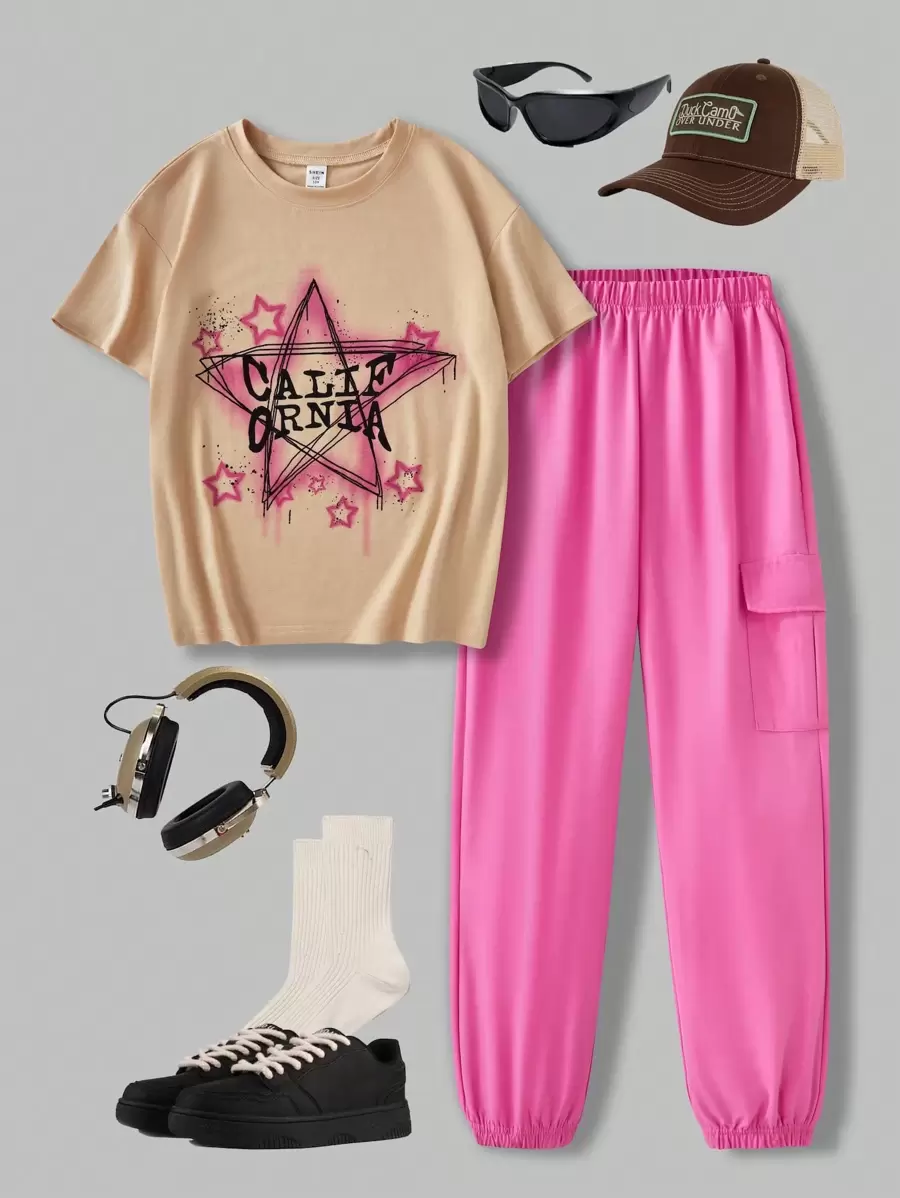 SHEIN Explorewe 2 件套青少年男孩时尚星星卡通印花圆领 T 恤和休闲工装慢跑裤