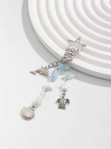 ROMWE Kawaii 1pc Ocean Theme Turtle & Seashell Design Blue Crystal Keychain, Cute & Romantic Holiday Gift - Blue and White - View 4