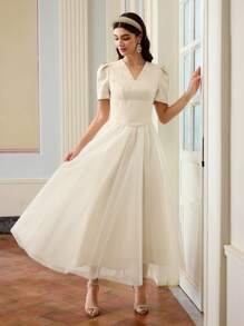 ZEYLAH Women's Rhinestone Decor V-Neck Puff Short Sleeve Elegant Midi Dress