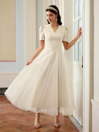 ZEYLAH 女士水钻装饰 V 领泡泡短袖优雅中长连衣裙