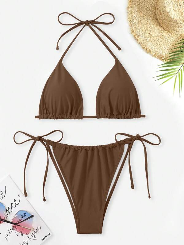 SHEIN Swim Curve Plus Size Women 2pcs Solid Color Tie-Up Triangle Bikini Set, Sexy And Stylish Swimwear