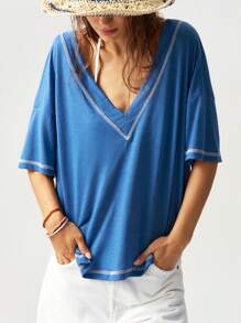 Bohemela 休闲纯色 V 领短袖宽松大码 T 恤