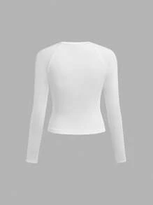 SHEIN Teen Girls' Knit Solid Star Print Raglan Sleeve Round Neck T-Shirt - White - View 2