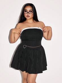 SHEIN ICON Plus Size Striped Office Outfit, Striped Camisole Top And Striped Pleated Skirt 2Pcs Set - Black and White - View 4