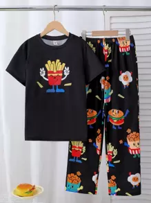 SHEIN Tween Boy Funny Cartoon French Fries Pattern Round Neck Short Sleeve Long Pants Loose And Comfortable Home Clothes Pajama Set Two-Piece Set - Black - View 7