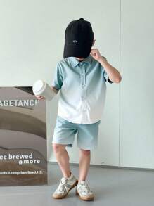 SHEIN Leap Crew 2pcs/Set Young Boy Gradient Short Sleeve T-Shirt And Shorts Set - Mint Green - View 2