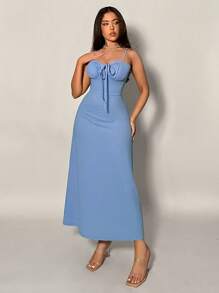 SHEIN Privé Nowa sukienka damska w kolorze morelowym z okrągłym dekoltem i metalowymi guzikami, z falbanką u dołu, elegancka/do biura/codzienna/biznesowa/na randkę