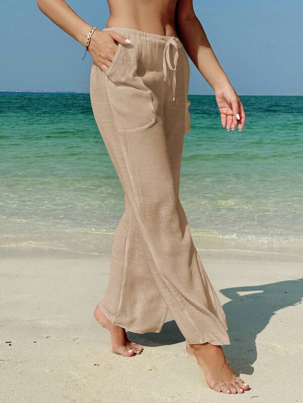 Swim Vcay Women Solid Color Belted Side Pockets Design Vacation Palazzo Pants For Summer