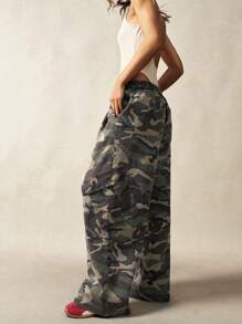 Bohemela Pantalones de mujer de pierna ancha con estampado de camuflaje, de cintura baja y bolsillos tipo cargo