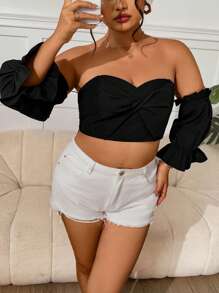 SHEIN VCAY 大码女式露肩短袖扭纹前短款上衣 - 黑色 - 查看 2