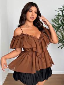 SHEIN Clasi 大码纯色简约时尚休闲日常衬衫 - 咖啡棕 - 查看 1