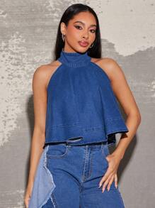 Vixey Ärmelloses Jeansshirt mit hohem Kragen und A-Linie, Streetwear für Frauen, Sommertops, Sommeroutfits für Frauen, Frühlingsoutfits für Frauen, Country, Western, Country-Konzert-Outfits, Boho, Boho-Frauenkleidung