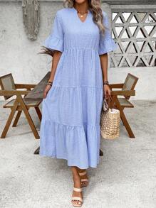 EMERY ROSE Women's Vacation Casual Plaid Cut-Out Neck Long Dress