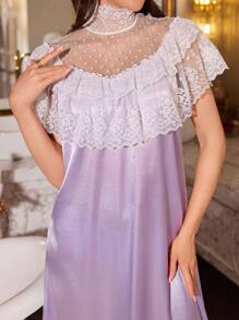 LuxeNights Lace Stitching High Collar Imitation Silk Ladies Long Nightgown - Lilac Purple - View 4