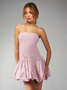 MISSGUIDED Robe mini à volants à carreaux, bretelles spaghetti, style doux, taille froncée, pour l'été, le printemps, les fêtes, les pique-niques, le thé, Noël - Rouge foncé - Voir 6