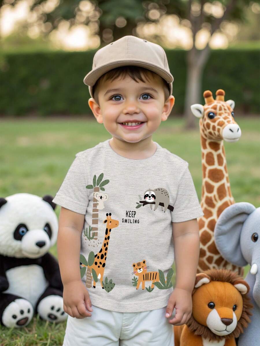 SHEIN Leap Crew Cute Animals, Giraffe, Tiger, Koala, Zoo Print Round Neck Loose Fit Short Sleeve T-Shirt, Casual For Baby Boy, Summer - Multicolor - View 1
