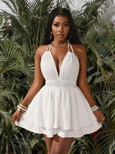Slaydiva White Summer Casual Tropical Sexy Holiday Vacation Women's Jumpsuit,Halter Neck Double Shoulder Straps,Large Open Back Multi-Layered Hem Dress Beach