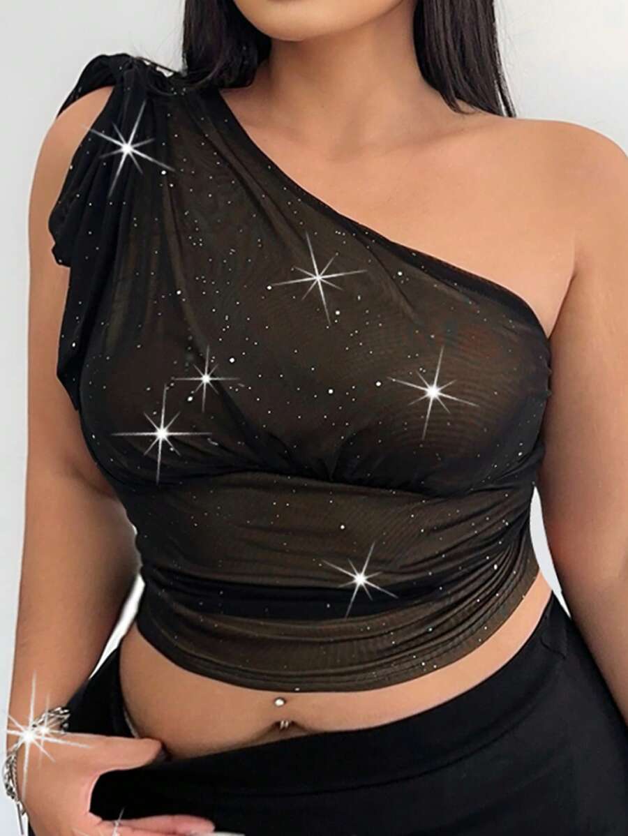 Flirla 女士加大码不对称领口荷叶边单肩亮片网眼衬衫 - 黑色 - 查看 1