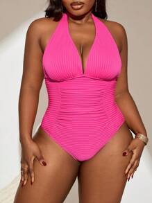 SHEIN Swim Curve Plus Size 1pc V-Neck Textured Fuchsia Pink Casual Simple One-Piece Swimsuit For Women, Summer Beach Vacation - Hot Pink - View 5