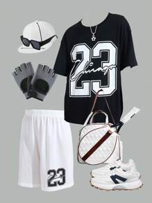 SHEIN 2 stuks/set Kids Tween Boys' Casual Veelzijdige Comfortabele Cijfer Print Ronde Hals Losse Korte Mouw T-shirt & Shorts Breiset