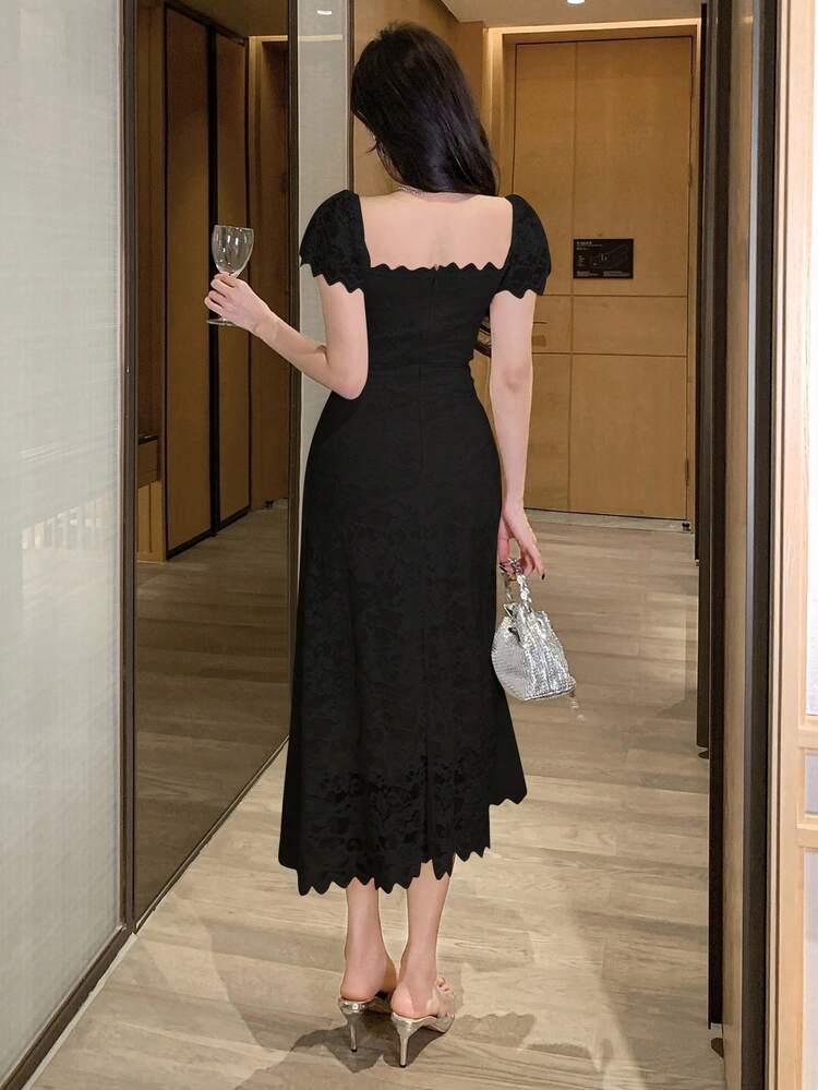 Women Elegant Solid Color Lace Midi Dress,Dress For Wedding