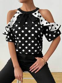 Calvaya Blouse à pois, chemise élégante pour femme, blouse à volant romantique, contraste de couleur noir et blanc