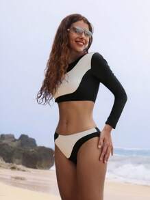 Swim SPRTY 2pcs Women Black & White Printed Design Round Neck Long Sleeve Swimwear Suit, Easy To Wear Sports Casual Surfing Outfit, Festival Boho, Summer Beach Vacation - Black and White - View 1